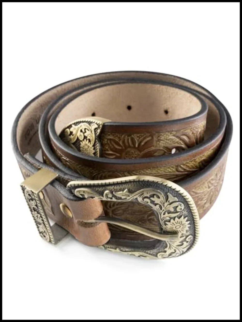 Genuine Buffalo Leather Western Belt Hand-Carved Metal Buckle Cowboy Rodeo